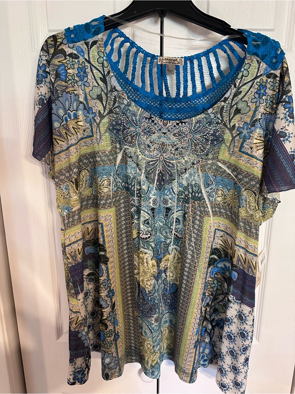 Energie Blue and Green Paisley Crochet-Trim Short Sleeve Top